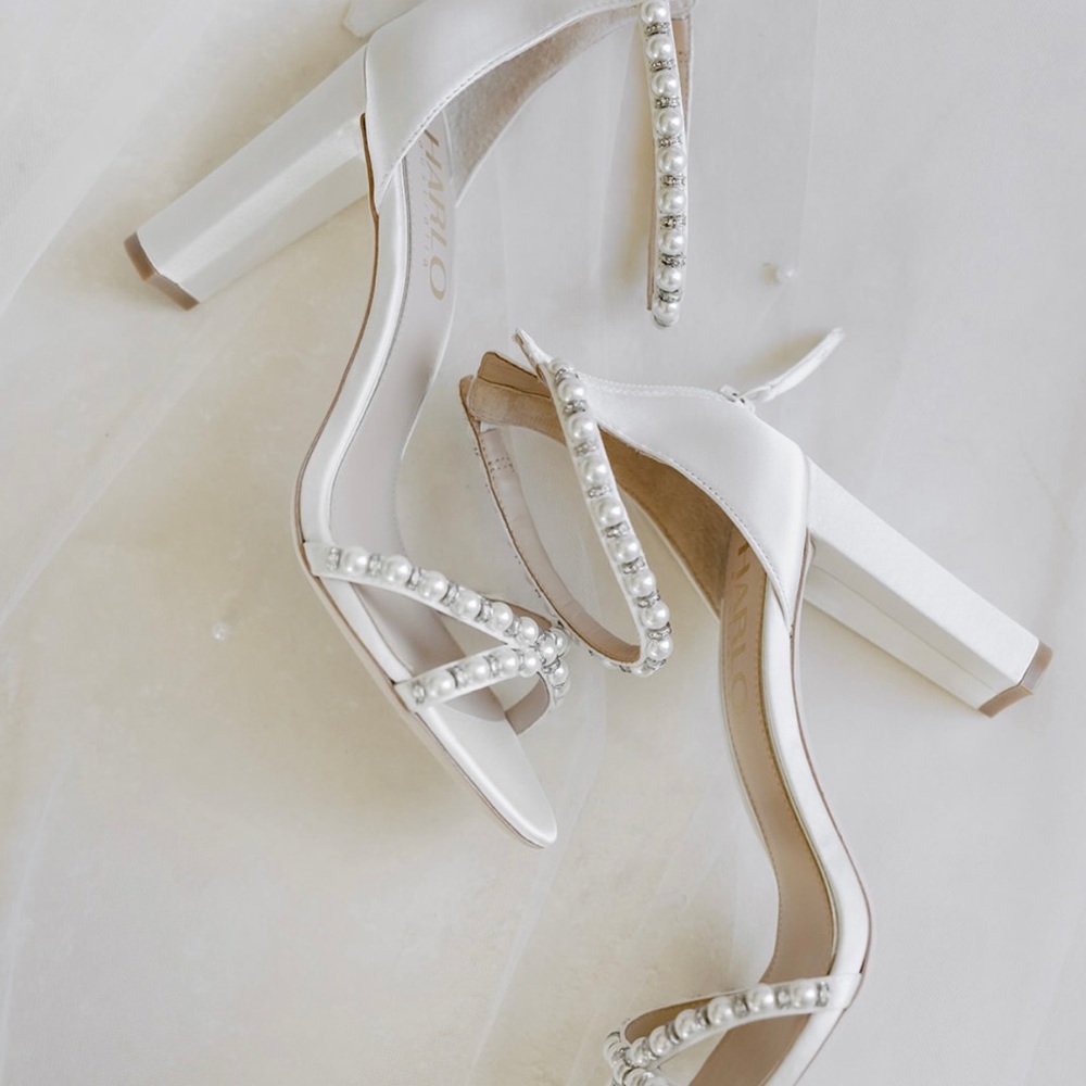 Authentic Harlo Alexandra White Satin Bridal Shoe with Pearl Embellishments